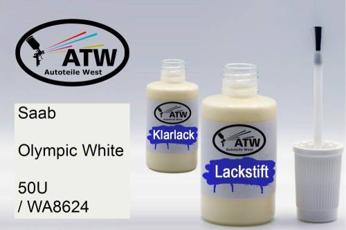 Saab, Olympic White, 50U / WA8624: 20ml Lackstift + 20ml Klarlack - Set, von ATW Autoteile West.